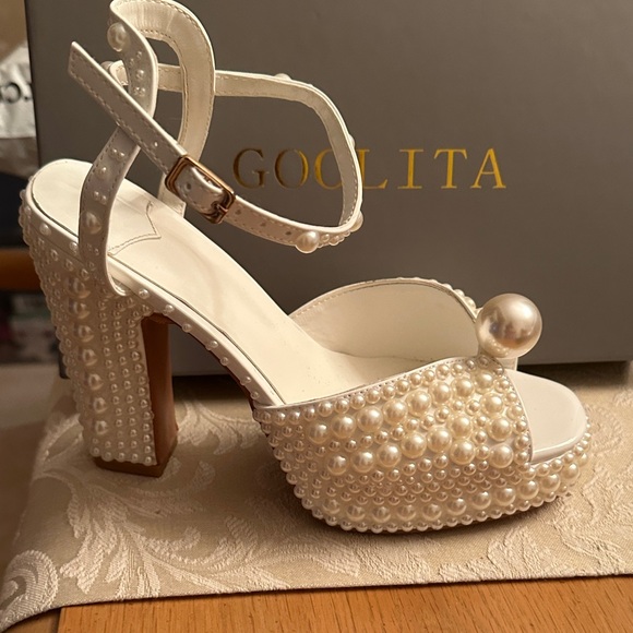 Goolita White Pearl Embellished Open Toe Heels - Picture 9 of 17